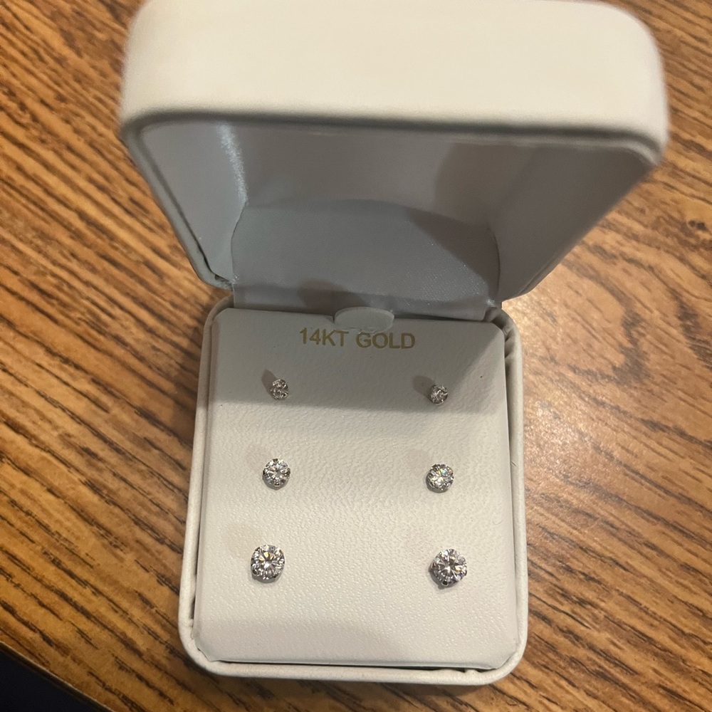 14K Gold CZ Stud Earrings (Set of 3) - Picture 2 of 4